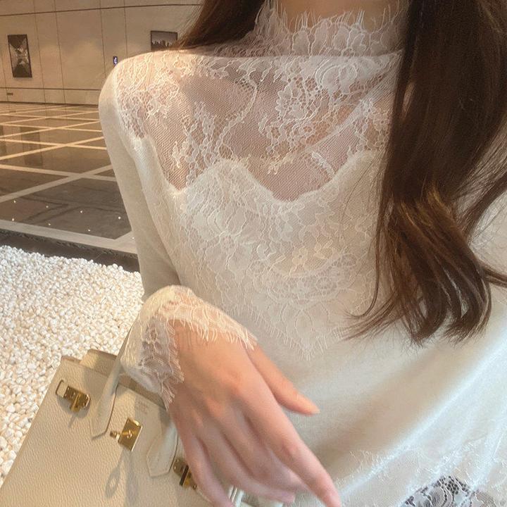 2024秋冬半高领双面毛绒蕾丝内搭上衣白色温柔高级感拼接打底衫