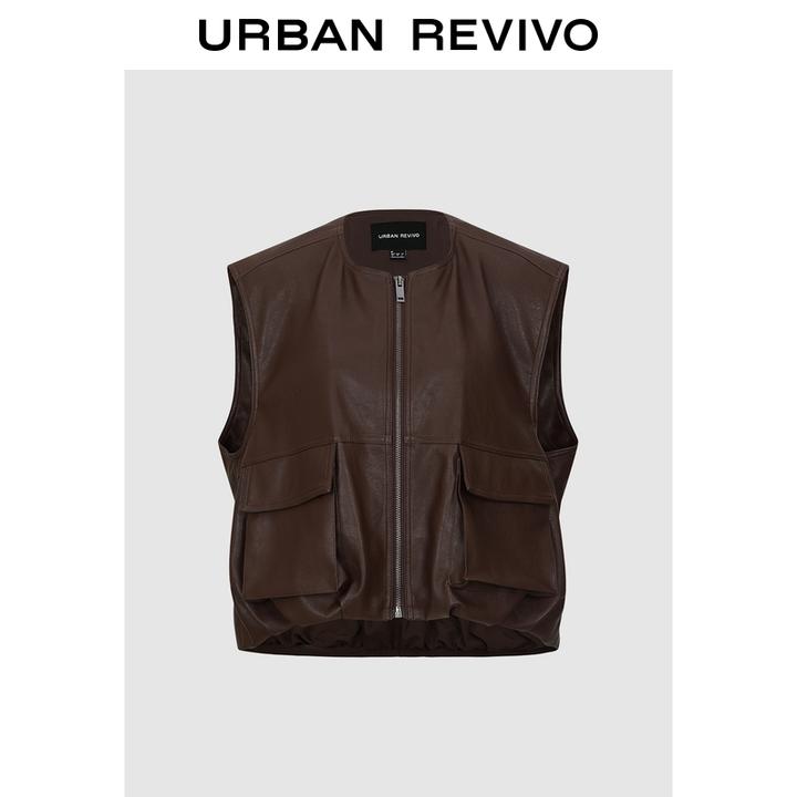 UR2026春季新款女城市游猎设计感皮质工装拉链马甲UWJ150043