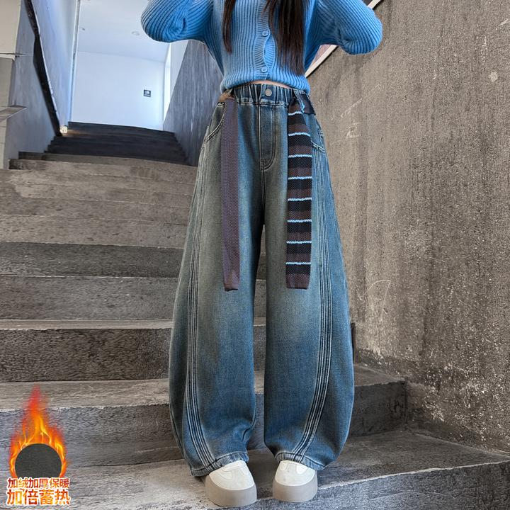 女童加厚秋冬季牛仔裤2025新款百搭洋气中大童宽松弯刀裤加绒长裤
