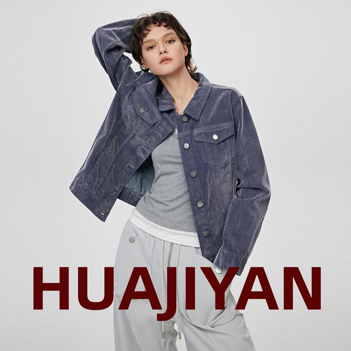 华吉言/HUAJIYAN【夜雾】丝绒牛仔彩牛经典翻领排扣复古牛仔外套