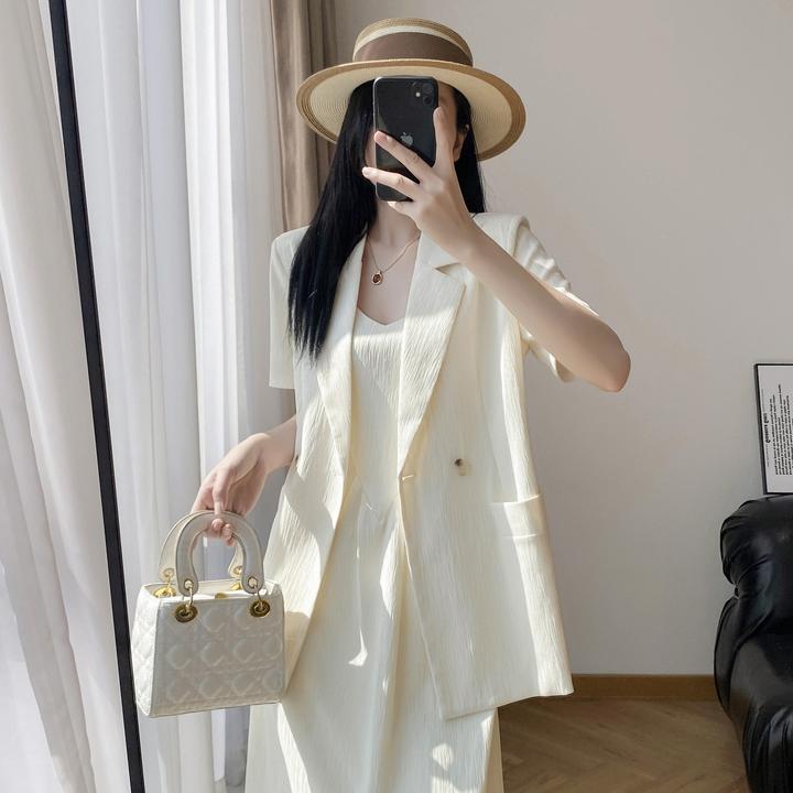 大码温柔穿搭休闲西装套装薄款胖mm显瘦气质吊带连衣裙西服两件套