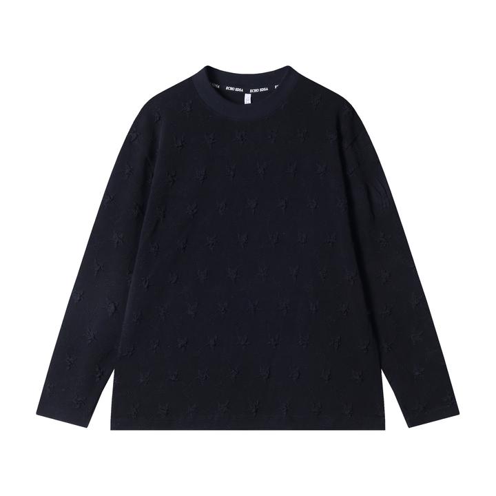 早春新款时尚个性韩版纯色立体褶皱圆领长袖T恤男女同款百搭上衣