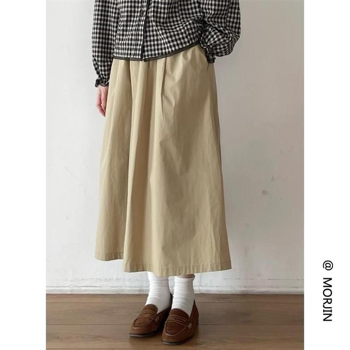 日系工装风卡其色半身裙女春夏季新款复古高腰a字中长款伞裙裙子