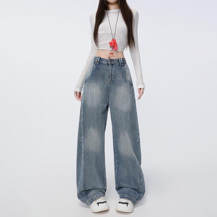 早秋新款/力推款＆时髦超模美式竹节纹设计高街弯刀牛仔裤女