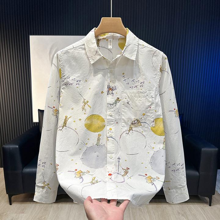 春秋季新款卡通印花长袖衬衫男宽松休闲潮流百搭纯棉男装衬衣外套