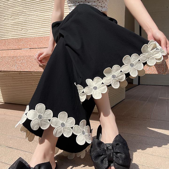 拉夏贝尔花朵拼接阔腿裤女2025夏季森系甜美垂感直筒小个子休闲裤