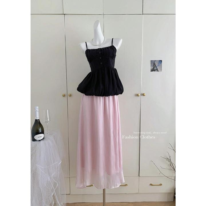 海岛缎波光粼粼松紧腰半身裙春季飘逸垂感a字长裙