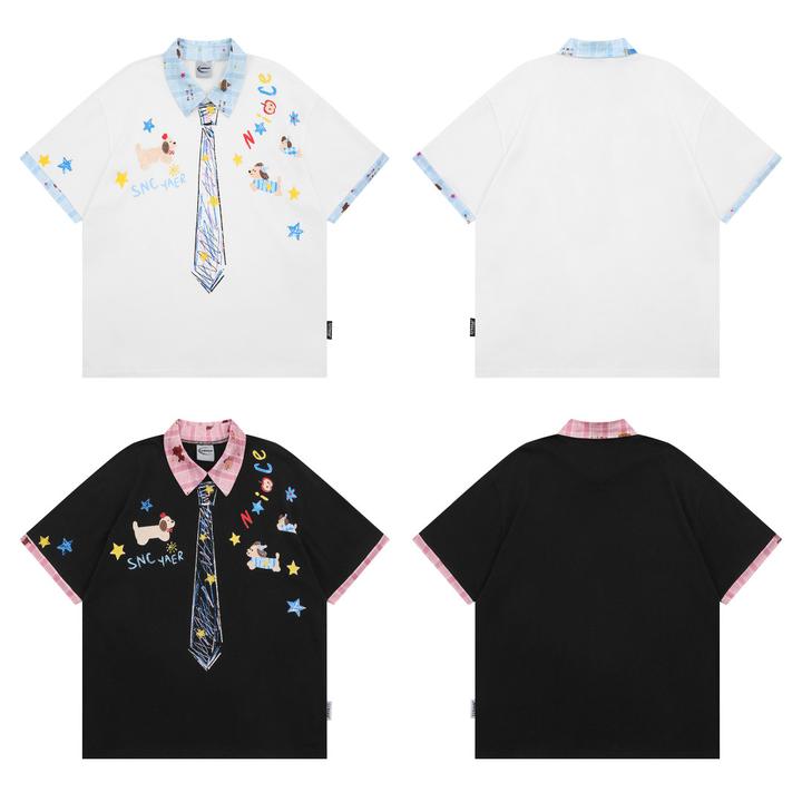 【明星同款设计】FXOP夏季POLO衫个性涂鸦宽松潮流翻领上衣户外夏