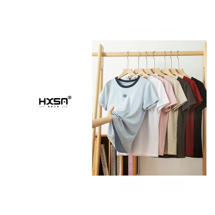 HXSM「山茶花短袖T」夏撞色软糯圆领短袖2591