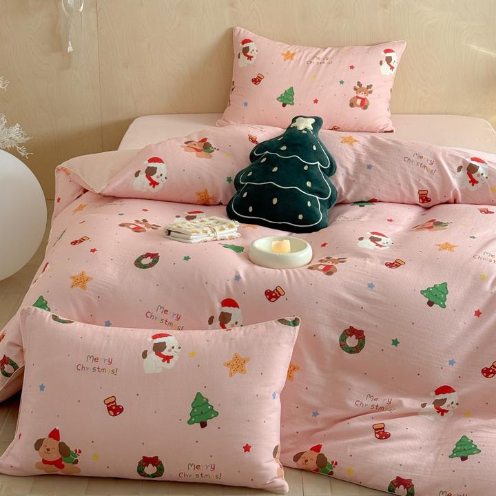 A类全棉双层纱四件套纯棉卡通被套可爱圣诞主图床上用品高密床单
