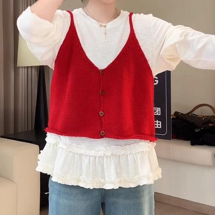 【彩虹糖】春夏新款韩系V领针织吊带单背心通勤时尚宽松设计感