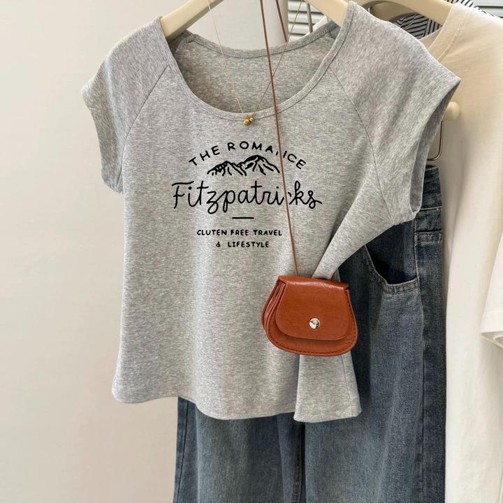夏季韩版短款t恤女法式上衣显瘦圆领正肩棉质短袖新款印花小个子