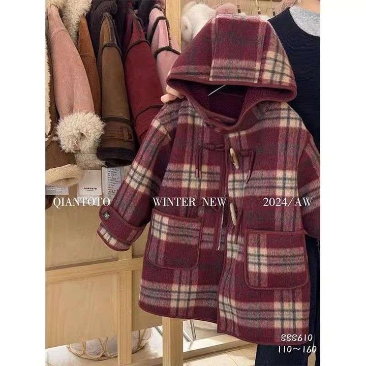 FAVMARTHA女童加绒连帽格子大衣2025冬季新品年服洋气长款一体绒
