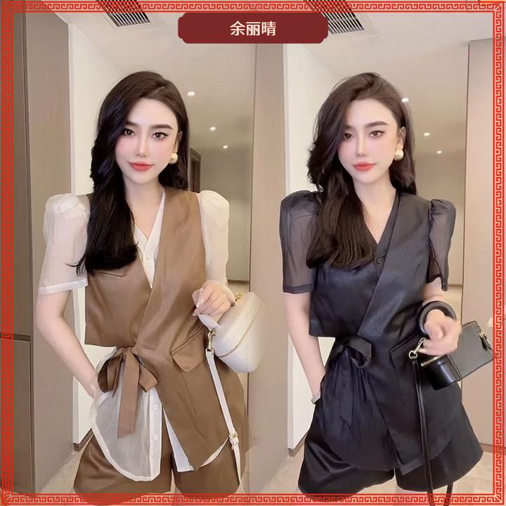 III2025气场御姐范三件套时尚不规则绑带马甲+薄款衬衫阔腿短裤II