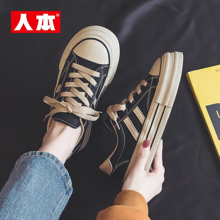 人本厚底帆布鞋女复古港风增高跑步鞋2025春季百搭休闲板鞋