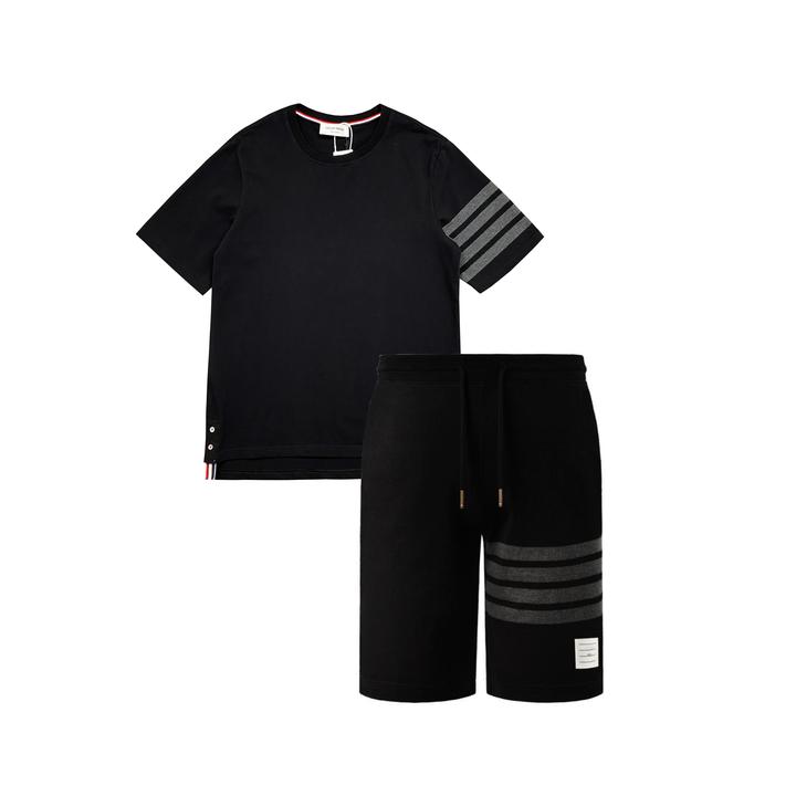 夏季薄款平纹五分裤四条杠全棉短裤休闲百搭短袖T恤套装男女款潮