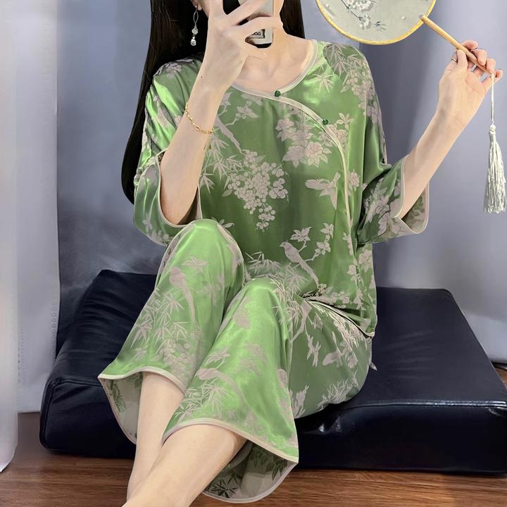 刺绣盘扣新中式国风冰丝睡衣女长袖套装春夏季薄款提花家居服外穿