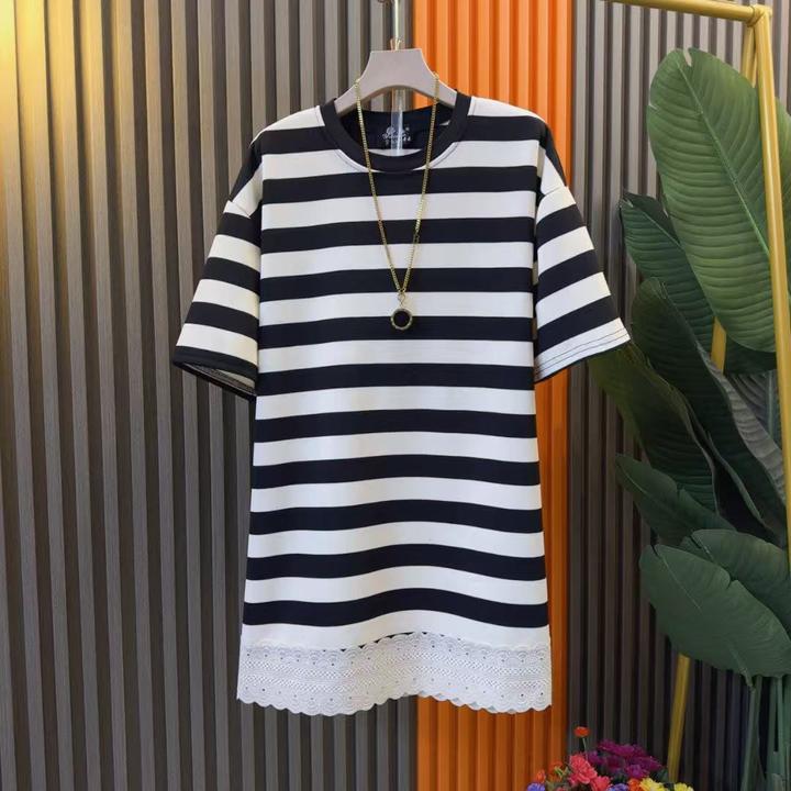 韩版百搭条纹简约时尚蕾丝拼接打底大衫衣长82左右宽松遮肉T恤