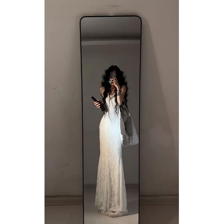 轻熟风辣妹性感蕾丝系带露背吊带连衣裙优雅束腰显瘦高贵鱼尾长裙