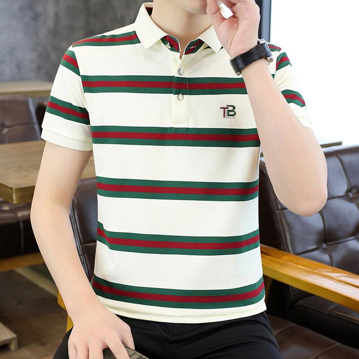 高档拼色条纹短袖T恤Polo衫男士夏季时尚帅气半袖体恤男装2522