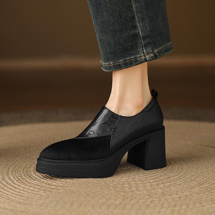 不累脚7cm厚底乐福鞋粗跟单鞋女高级感马毛小皮鞋真皮高跟工作鞋