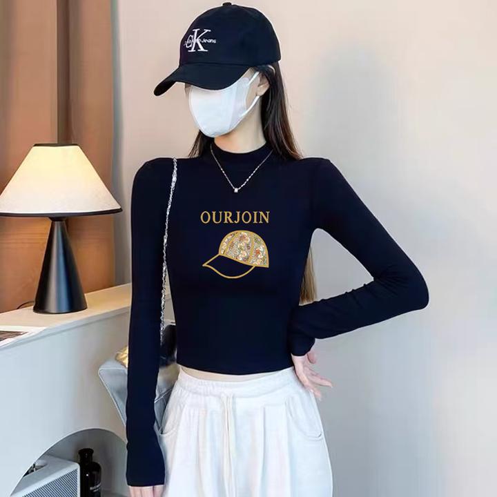 短款内搭修身显瘦中领上衣潮黑色长袖t恤女春秋德绒半高领打底衫