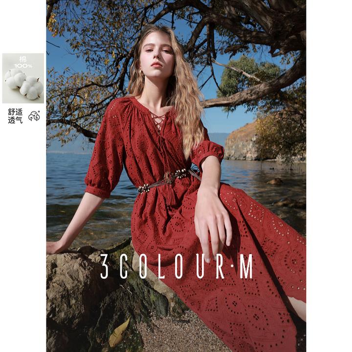 三彩2025春季新款重工镂空绣花游牧风连衣裙纯棉宽松大摆M