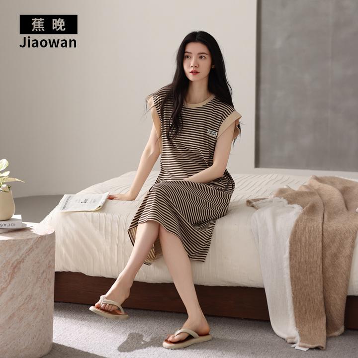 都市丽人睡衣无袖条纹胸垫高级新款睡裙外穿女简约夏季背心家居服