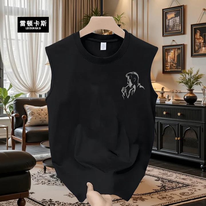 2025年新款重磅纯棉印花圆领背心无袖宽松休闲短袖t恤男女情侣