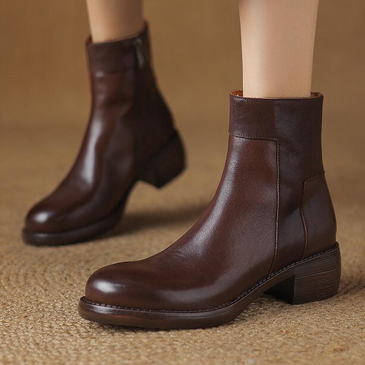 真皮新款舒适中跟粗跟侧拉链短筒靴子潮牌百搭英伦风复古马丁靴女