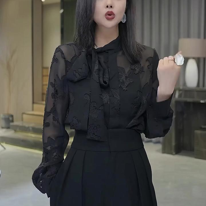 轻熟风黑色长袖衬衫女春秋季百搭气质蕾丝衫宽松显瘦时尚减龄上衣