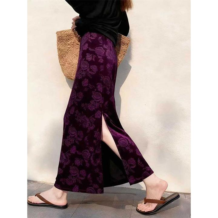 新中式国风金丝绒提花半身裙女秋冬新款中长款直筒修身开叉包臀裙