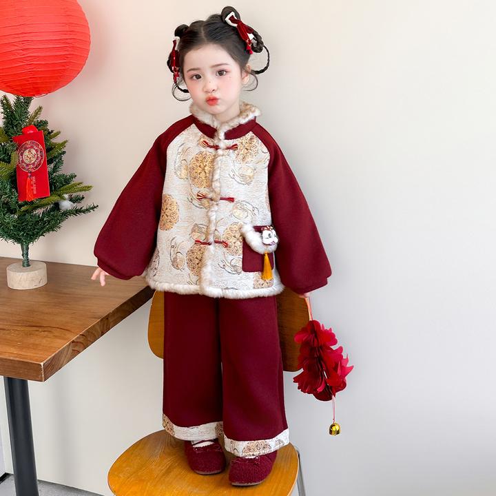 女童醒狮拜年服套装儿童新中式唐装小女孩国风夹棉汉服元旦演出服
