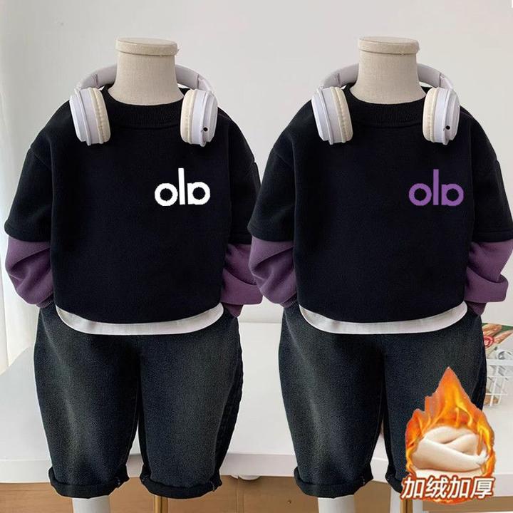 儿童加绒冬装男女宝宝卡通圆领假两件卫衣2024冬季中小童加厚卫衣