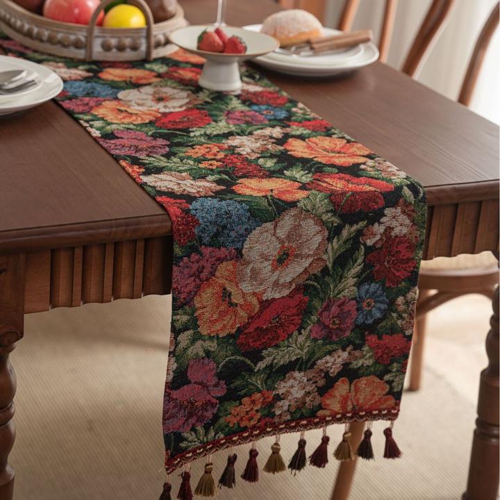 新中式桌旗提花流苏复古茶旗餐旗长条民族风茶几茶桌茶台电视鞋柜