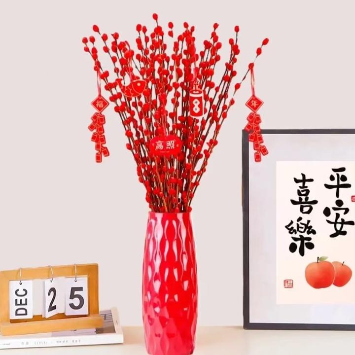 【喜庆银柳】红色鲜枝真花干花耐寒年宵花室内客厅装饰摆放