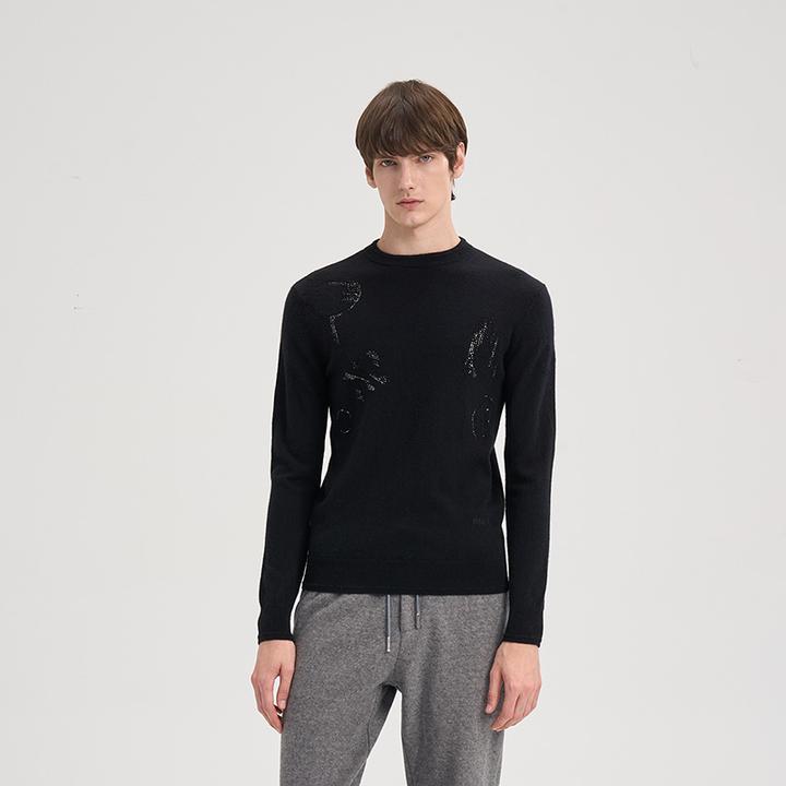 RARE威雅25秋冬黑色立体针织工艺结合烫钻设计山羊绒长袖毛衫