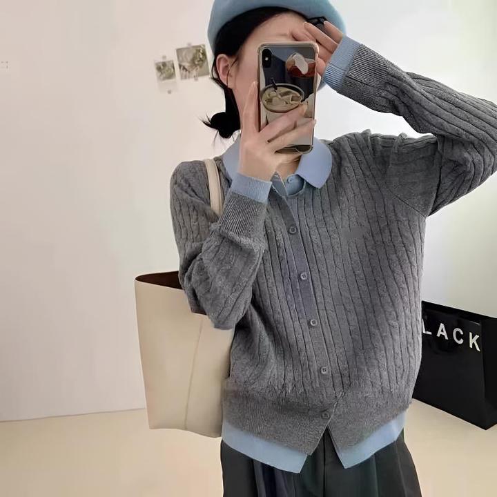 翻领拼接针织毛衣女春秋2025新款宽松软糯假两件长袖开衫上衣