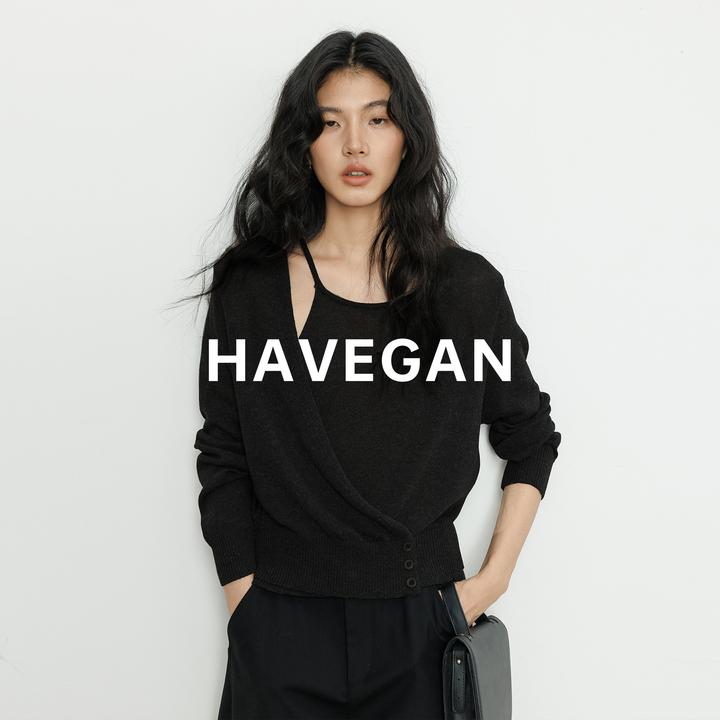 与间HAVEGAN/莱赛尔亚麻设计感针织衫女秋季2025新款长袖假两件