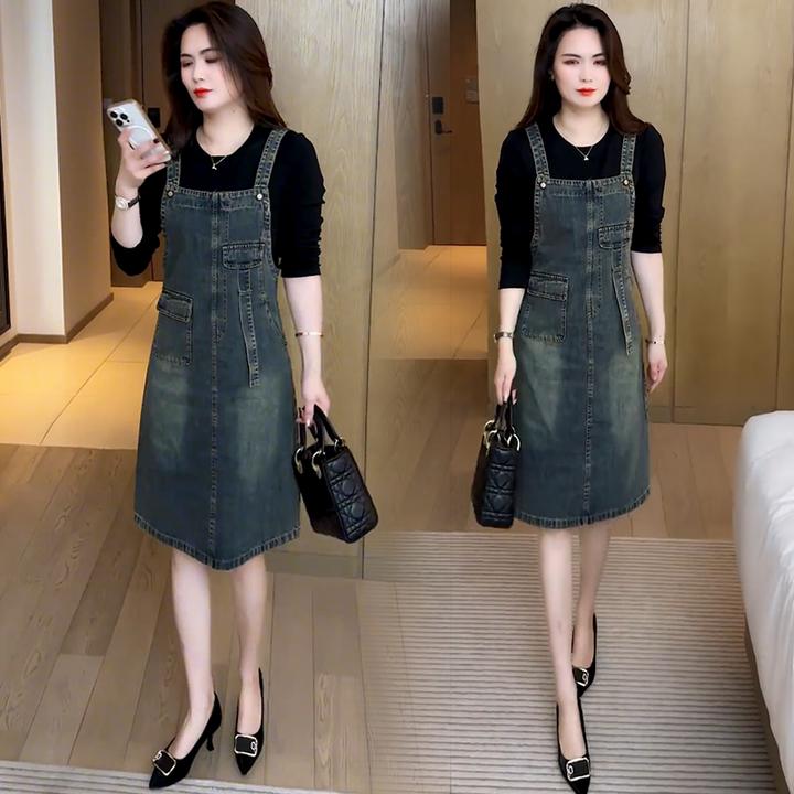 假两件牛仔连衣裙女2025春季新款洋气小个子显瘦中长款休闲背带裙