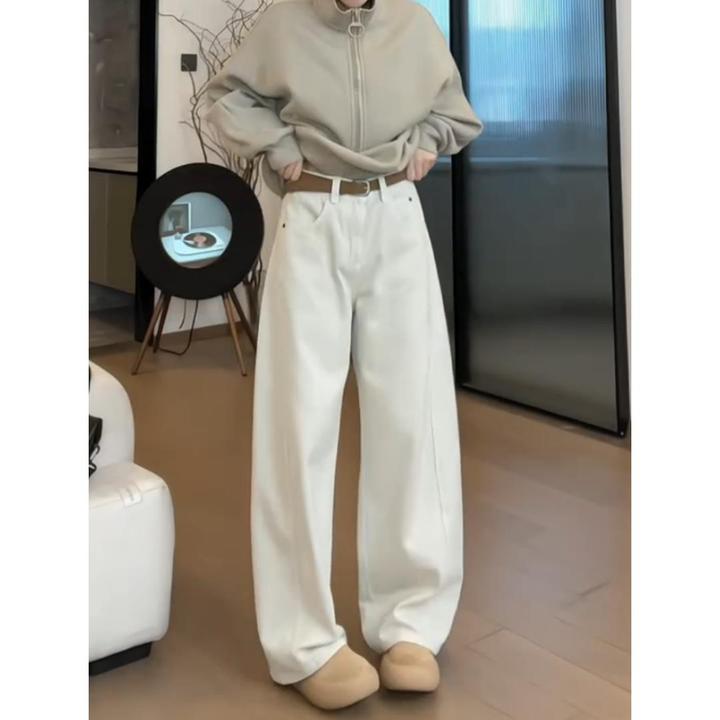 白色弯刀牛仔裤女早秋季2024年新款爆款阔腿裤高腰显瘦窄版香蕉裤