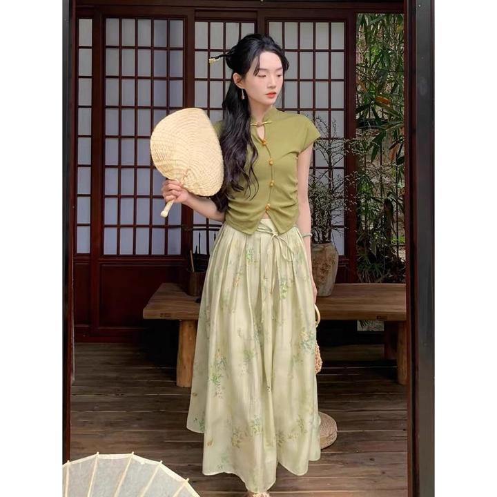 老钱风松弛感女装贵气K绿色新中式套装国风半身裙女夏季气质百搭