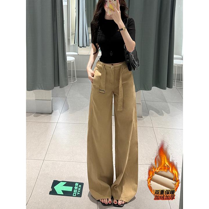 卡其腰带高腰加绒阔腿牛仔裤女2025冬季新款休闲宽松百搭拖地长裤