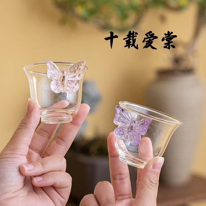 十载爱棠耐热玻璃蝴蝶茶杯家用品茗杯精致喝茶杯功夫茶具主人杯