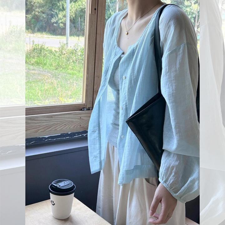 法式亚麻蓝色防晒衬衫女夏小个子吊带外搭轻薄款开衫上衣外套
