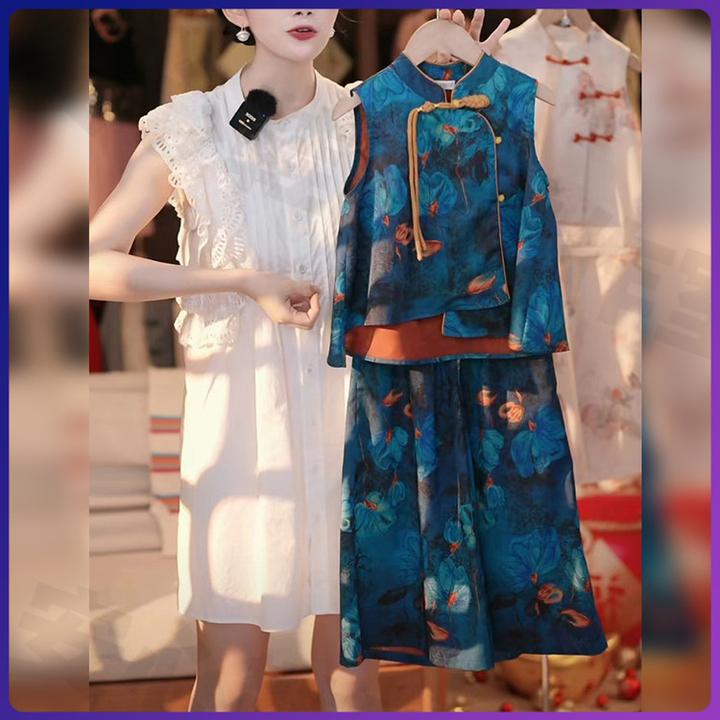 新中式女童套装2025新款夏汉服复古中国风碎花无袖上衣宽松阔腿裤