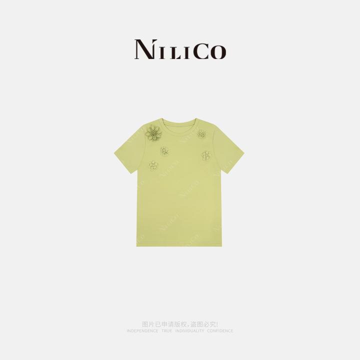 NILICO【夏季繁花】轻奢淡黄色别致贴立体花圆领小众百搭纯棉T恤
