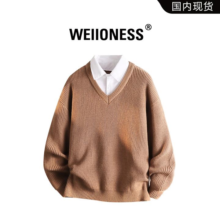 WEIIONESS假两件毛衣男士秋季学院风时尚简约高级感衣服翻领上衣