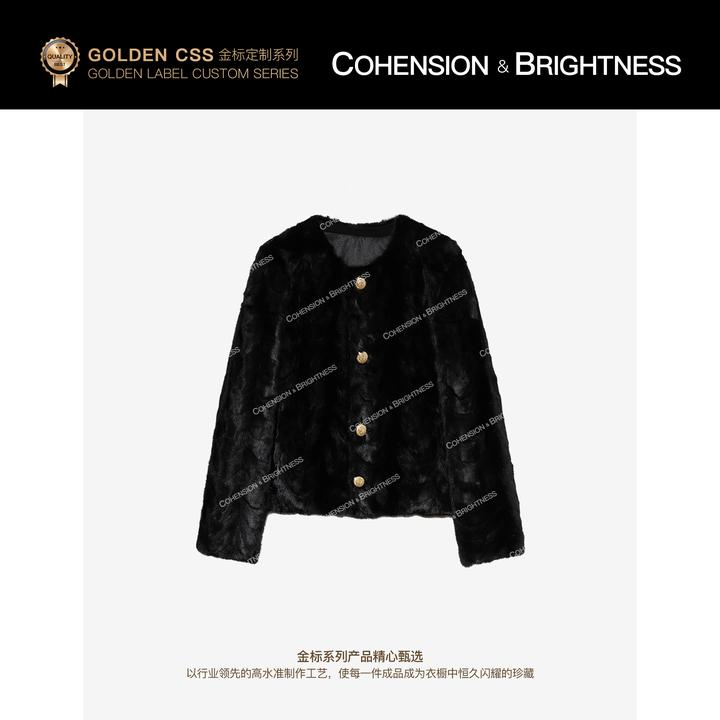 凝慧【暗夜月影】进口水貂毛圆领轻奢短款显瘦保暖毛呢外套YA124