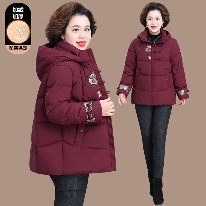 妈妈棉服新中式盘扣刺绣外套中老年女装冬装保暖洋气红色奶奶装